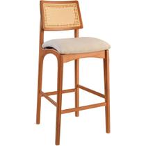 Banqueta Alta Amsterdã Madeira Maciça Amendoa Encosto Tela Sextavada Assento Boucle Off White