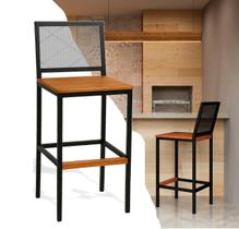 Banqueta Alta com Encosto Aço Preto e Assento Madeira Demolição para Cozinha, Ilha ou Área Gourmet