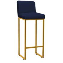 Banqueta Alta Com Encosto Lucca -60cm chão até o assento Industrial Ferro Dourado Suede Azul Marinho - Ahazzo Móveis