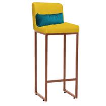 Banqueta Alta com Encosto Lucca Industrial Cozinha Balcão Ferro Bronze Suede Amarelo e Almofada Azul Turquesa - Ahazzo Móveis