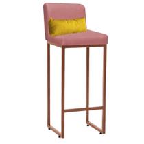 Banqueta Alta com Encosto Lucca Industrial Cozinha Balcão Ferro Bronze Suede Rose Gold e Almofada Amarelo- Ahz Móveis