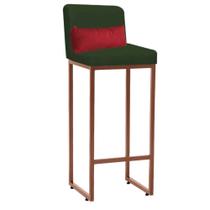 Banqueta Alta com Encosto Lucca Industrial Cozinha Balcão Ferro Bronze Suede Verde e Almofada Vermelho - Ahazzo Móveis