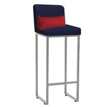 Banqueta Alta com Encosto Lucca Industrial Cozinha Balcão Ferro Cinza Suede Azul Marinho e Almofada Vermelho - Ahazzo Móveis