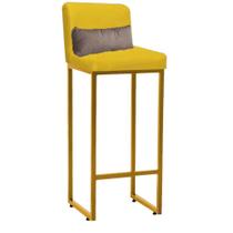 Banqueta Alta com Encosto Lucca Industrial Cozinha Balcão Ferro Dourado material sintético Amarelo e Almofada Bege- Ahz Móveis