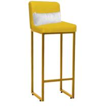 Banqueta Alta com Encosto Lucca Industrial Cozinha Balcão Ferro Dourado material sintético Amarelo e Almofada Branco - Ahazzo Móveis