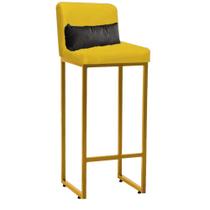 Banqueta Alta com Encosto Lucca Industrial Cozinha Balcão Ferro Dourado material sintético Amarelo e Almofada Cinza- Ahz Móveis