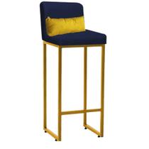 Banqueta Alta com Encosto Lucca Industrial Cozinha Balcão Ferro Dourado Suede Azul Marinho e Almofada Amarelo - Ahazzo Móveis