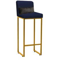 Banqueta Alta com Encosto Lucca Industrial Cozinha Balcão Ferro Dourado Suede Azul Marinho e Almofada Cinza- Ahz Móveis