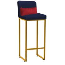 Banqueta Alta com Encosto Lucca Industrial Cozinha Balcão Ferro Dourado Suede Azul Marinho e Almofada Vermelho - Ahazzo Móveis