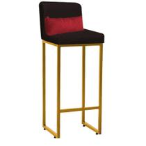 Banqueta Alta com Encosto Lucca Industrial Cozinha Balcão Ferro Dourado Suede Marrom e Almofada Vermelho- Ahz Móveis