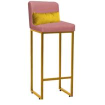 Banqueta Alta com Encosto Lucca Industrial Cozinha Balcão Ferro Dourado Suede Rose Gold e Almofada Amarelo - Ahazzo Móveis