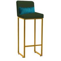 Banqueta Alta com Encosto Lucca Industrial Cozinha Balcão Ferro Dourado Suede Verde e Almofada Azul Turquesa- Ahz Móveis