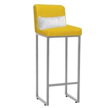 Banqueta Alta com Encosto Lucca Industrial Cozinha Balcão Ferro Prata material sintético Amarelo e Almofada Branco - Ahazzo Móveis