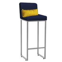 Banqueta Alta com Encosto Lucca Industrial Cozinha Balcão Ferro Prata Sintético Azul Marinho e Almofada Amarelo- Ahz Móveis