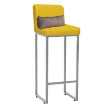 Banqueta Alta com Encosto Lucca Industrial Cozinha Balcão Ferro Prata Suede Amarelo e Almofada Bege - Ahazzo Móveis