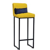 Banqueta Alta com Encosto Lucca Industrial Cozinha Balcão Ferro Preto Suede Amarelo e Almofada Azul Marinho - Ahazzo Móveis