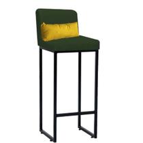 Banqueta Alta com Encosto Lucca Industrial Cozinha Balcão Ferro Preto Suede Verde e Almofada Amarelo - Ahazzo Móveis