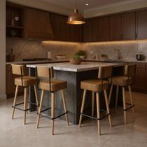 Banqueta Alta Cozinha 70cm Encosto Pé Madeira Kit 4 Barcelona PU Caramelo S02 - D'Rossi