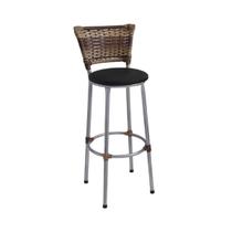 Banqueta Alta Cromada com Encosto Junco Capuccino Assento Preto