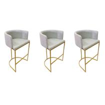 Banqueta Alta Decorativa Luxo Zoe Tecido Bouclé Base De Metal Dourado Fosco Kit 3 unidades