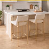 Banqueta Alta Lisa Estofada em Linho Pé Aço Dourado Fosco Kit 2 Unidades Banqueta Alta Lisa Estofada em Linho Pé Aço Dourado Fosco Kit 2 Unidades