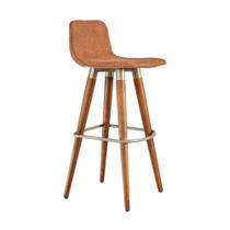 Banqueta Alta Luxo Linea Aço Champanhe Linho Terracota Base Carvalho