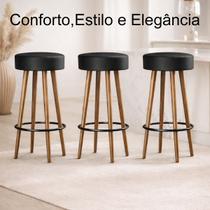 Banqueta Alta Madeira Cozinha/Balcão Floyd-Kit 3 Unidades -