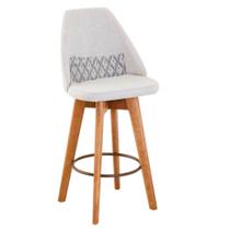 Banqueta Alta Maya Giratória Com Encosto Gourmet Linho Bege e Almofada ZigZag - Aurora Line