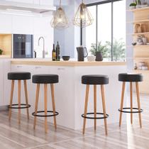 Banqueta Alta para Cozinha Base Madeira Kit 4 Dani Sintético PU Preto S02 - D'Rossi