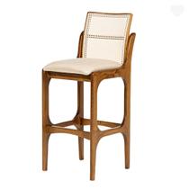 Banqueta Alta para Cozinha Lisboa Encosto Rattan Madeira Imbuia Linho Bege M58 RMI