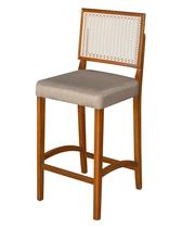 Banqueta Alta Pés Em Madeira Maciça Com Encosto em Rattan e Assento Estofado Conforto, Design Clássico e Elegância para Cozinha ou Balcão