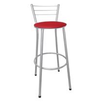 Banqueta Alta Prata com Encosto para Cozinha Assento Vermelho Fortmix