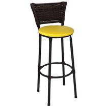 Banqueta Alta Preta com Encosto Junco Argila Assento Amarelo