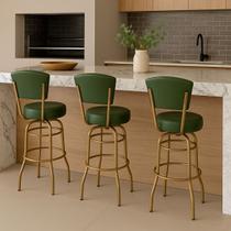Banqueta Altura 65cm Bar Giratória com Encosto cor Dourado fosco Assento grosso Confortável Verde 3 Unidades
