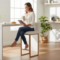 Banqueta Andy Moderna Ferro Dourado Estofado Suede Bege