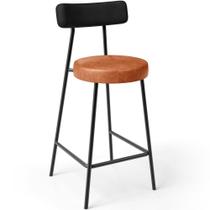 Banqueta Baixa Cozinha Sala Jantar Bancada Milão L02 Tecido Sintético Preto Brilho Camel -LyamDecor