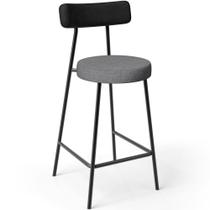 Banqueta Baixa Cozinha Sala Jantar Milão L02 material sintético Preto Linho Cinza Escuro - Lyam Decor