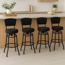 Banqueta Bar com Encosto Giratória Altura 65cm cor Preta Assento grosso Confortável linho preto Kit 4 Peças