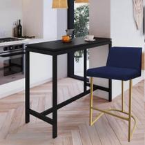 Banqueta Com Encosto Noah Luxo Confort Bistrô Cozinha Ferro Dourado Suede Azul Marinho - Ahz Móveis