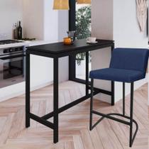 Banqueta Com Encosto Noah Luxo Confort Bistrô Cozinha Ferro Preto Linho Azul Marinho - Ahz Móveis