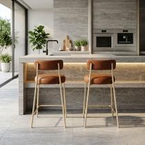 Banqueta Cozinha Alta com Encosto Industrial Champanhe Kit 2 Londres PU D03 - D Rossi