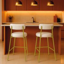 Banqueta Cozinha Alta com Encosto Industrial Dourado Kit 2 Londres PU Branco D03 - D Rossi