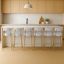 Banqueta Cozinha Alta com Encosto Industrial Dourado Kit 6 Londres PU Branco D03 - D Rossi Banqueta Cozinha Alta com Encosto Industrial Dourado Kit 6 Londres PU Branco D03 - D Rossi
