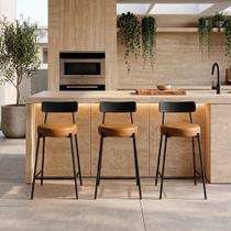 Banqueta Cozinha Alta Encosto Castanho Kit3 Industrial Preto Londrina PU D03 - D Rossi