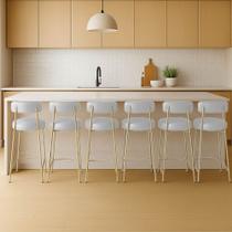 Banqueta Cozinha Média com Encosto Industrial Champanhe Kit 6 Londres PU Branco D03 - D Rossi