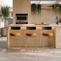 Banqueta Cozinha Média Encosto Preto Kit3 Industrial Dourado Londrina PU D03 - D Rossi
