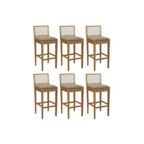 Banqueta Cozinha Sara 1BMM005CA Premium Madeira Maciça Kit 6 Un Carvalho/Boucle Bege Fendi/Tela Bege Kappesberg