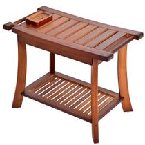 Banqueta de chuveiro de teca Jekruiet 60 cm com prateleira de armazenamento Walnut Banqueta de chuveiro de teca Jekruiet 60 cm com prateleira de armazenamento Walnut