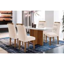 Banqueta de Cozinha Berlim c/ Tampo Madeirado c/ Vidro Canto Curvo 120x80cm e 4 Cadeiras Imperatriz Imbuia/Off White - Suede Creme - Rufato Banqueta de Cozinha Berlim c/ Tampo Madeirado c/ Vidro Canto Curvo 120x80cm e 4 Cadeiras Imperatriz Imbuia/Off White - Suede Creme - Rufato