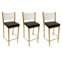 Banqueta Empilhável Altura 75cm para Bar cor Dourado Fosco assento preto Conjunto 3 unidades
